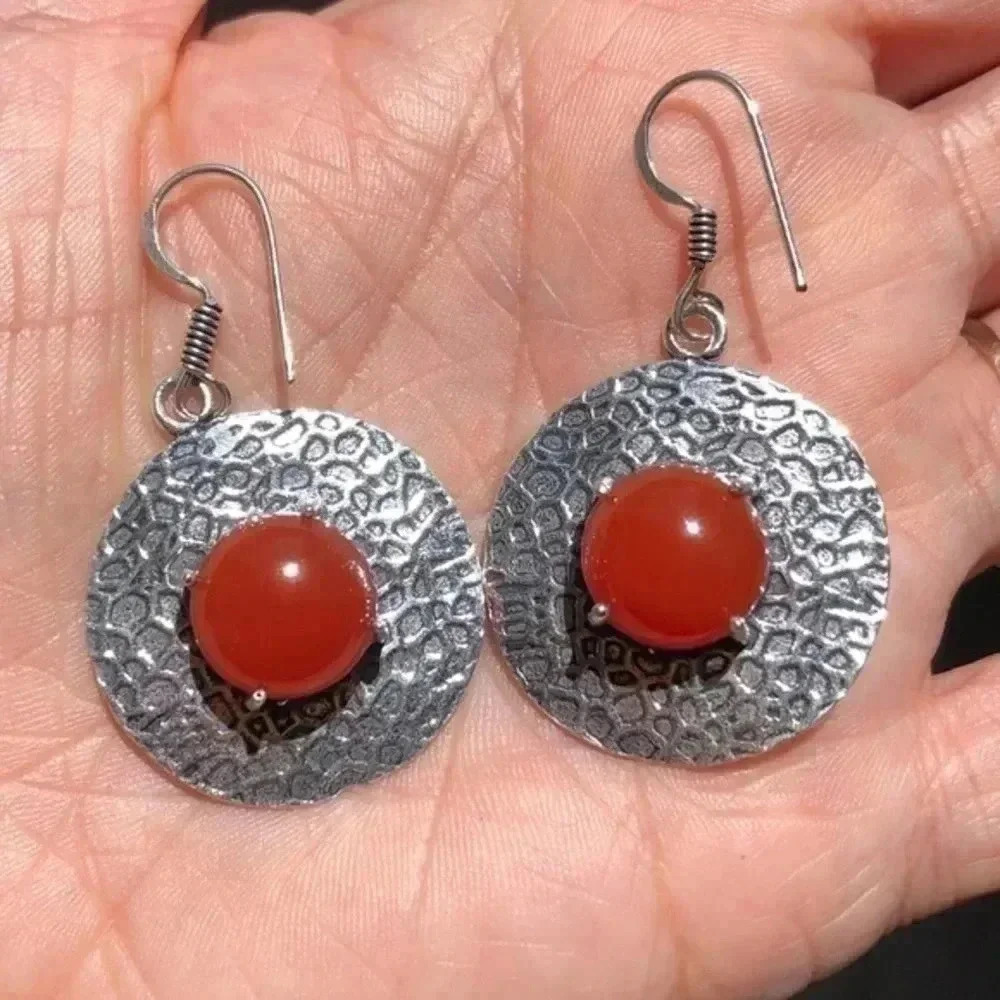 Red Carnelian 925 Sterling Silver Leopard Print Circle Round Earrings NWT